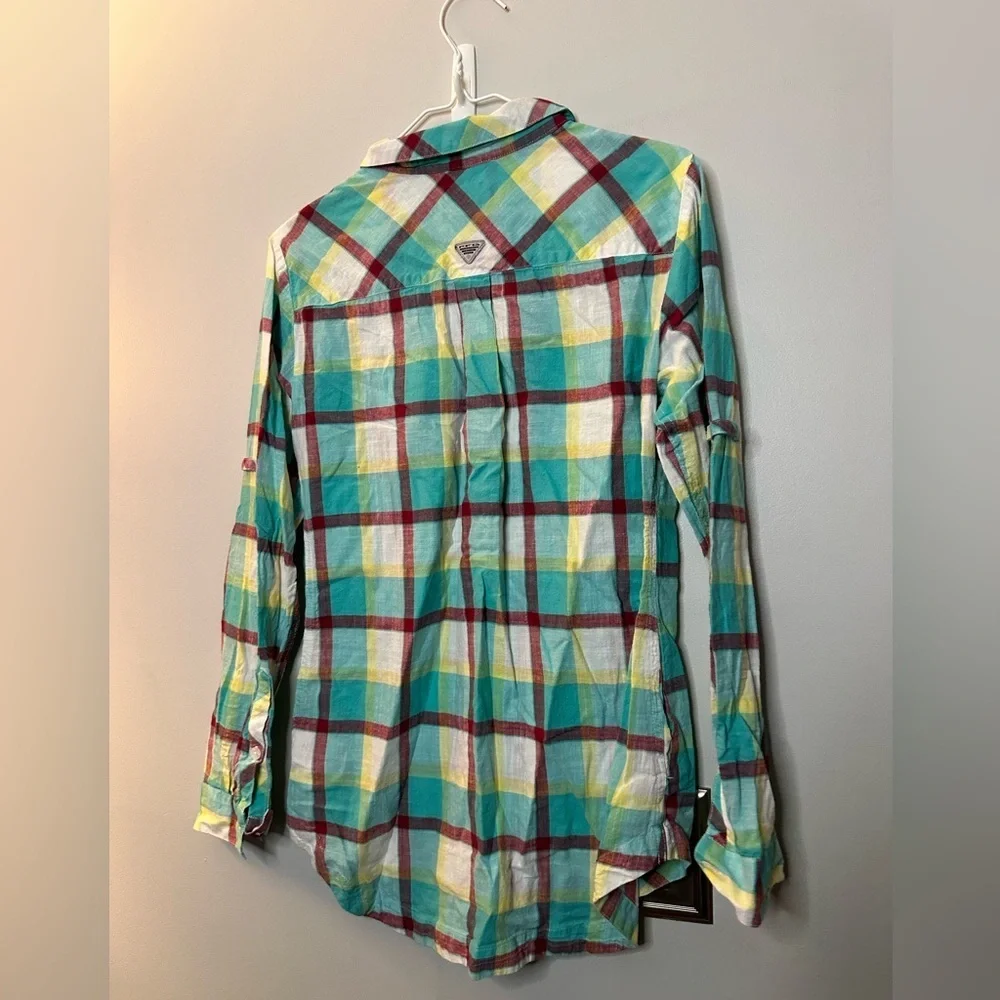 Women’s Columbia long sleeve tunic quarter button down turquoise plaid top - Picture 3 of 4
